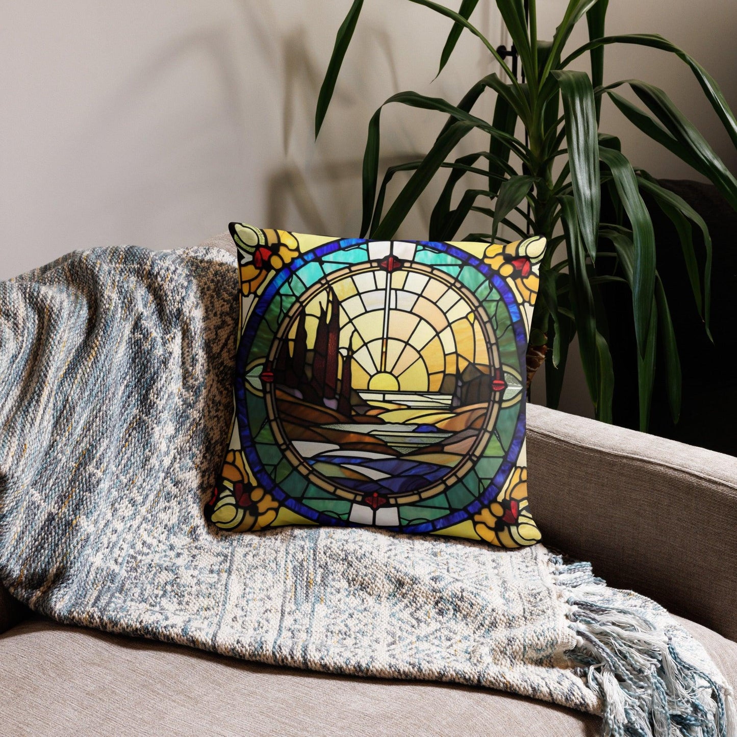 Yellow and Gold Stain Glass Decorative Pillow - Home Decor Cushion