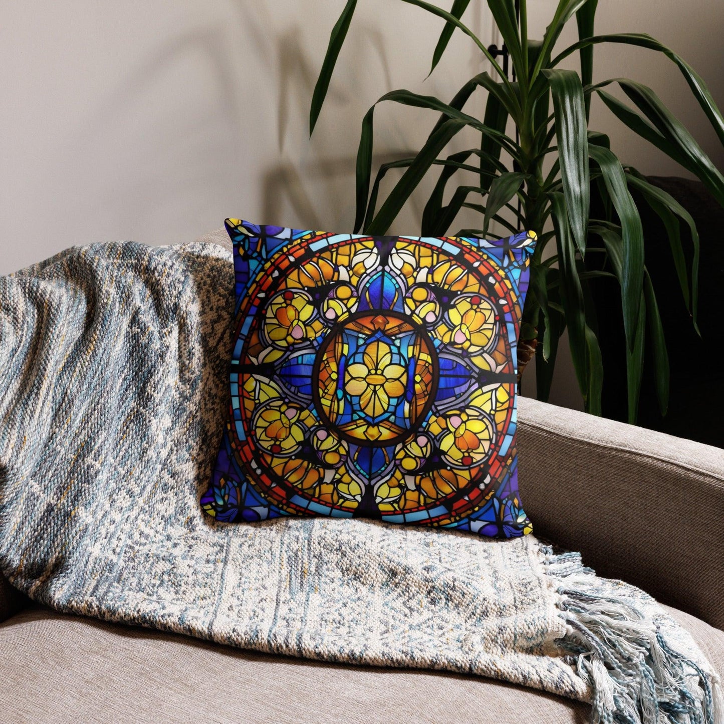 Yellow, Gold, and Red Stain Glass Pillow - Artistic Home Decor Cushion