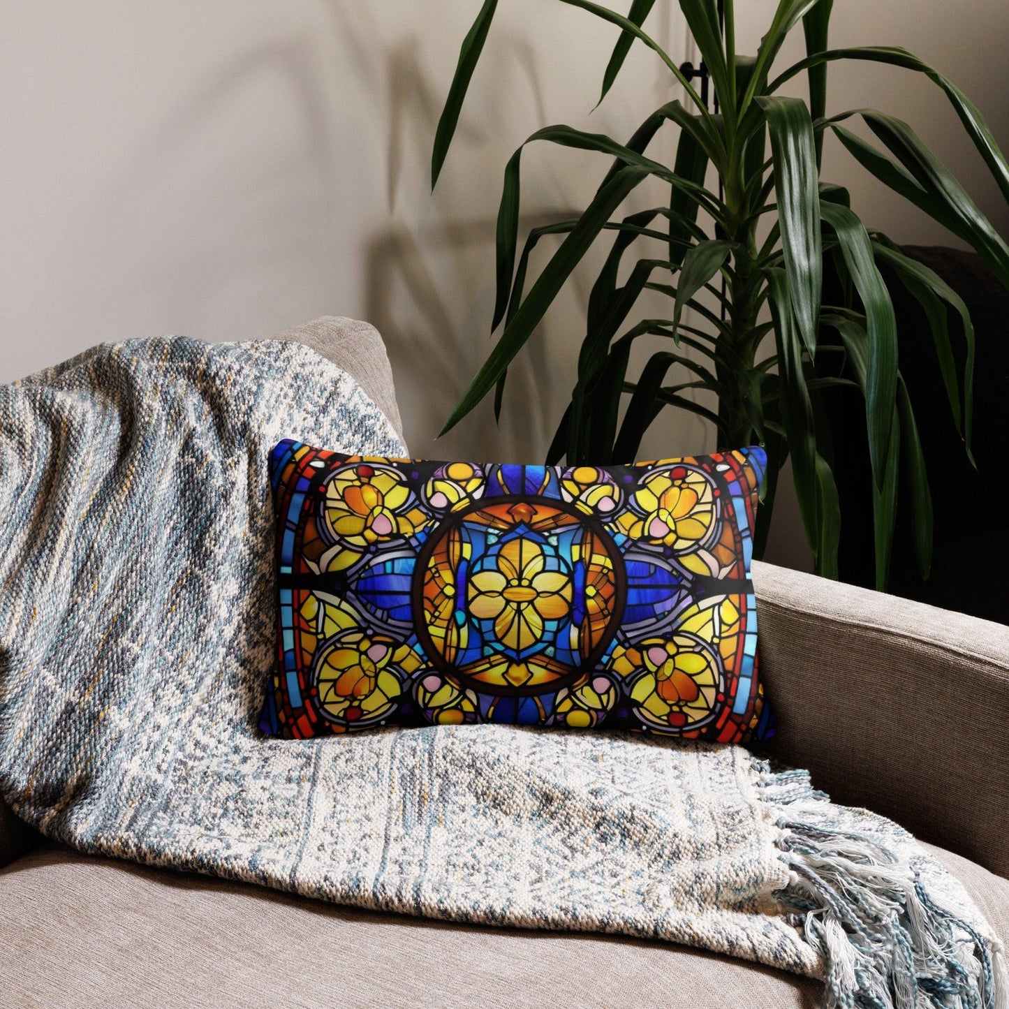 Yellow, Gold, and Red Stain Glass Pillow - Artistic Home Decor Cushion