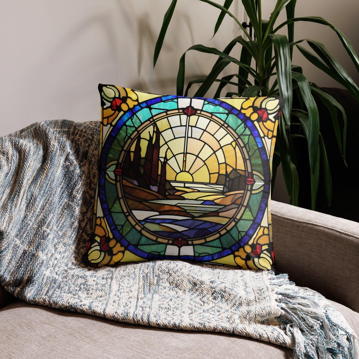Yellow and Gold Stain Glass Decorative Pillow - Home Decor Cushion