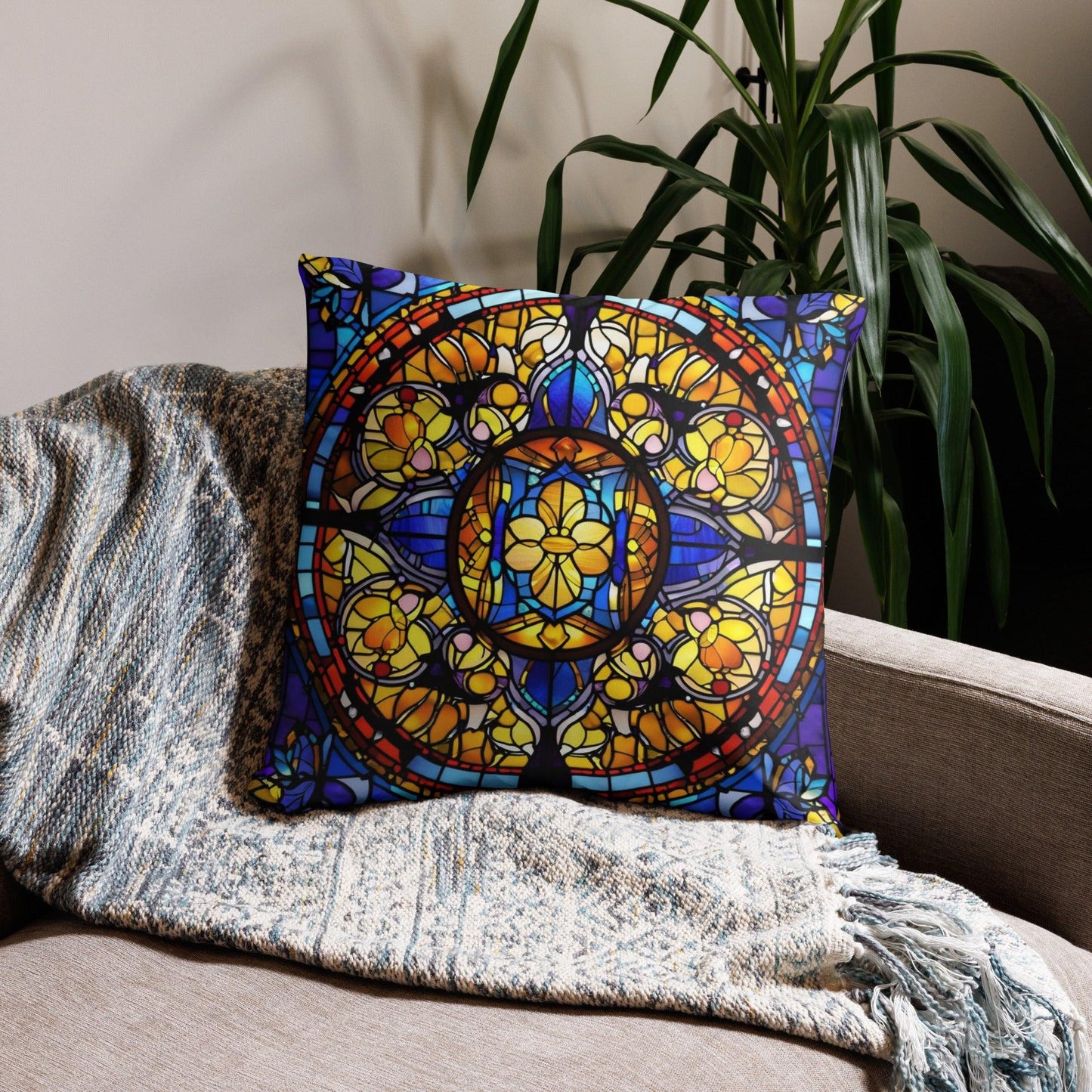 Yellow, Gold, and Red Stain Glass Pillow - Artistic Home Decor Cushion