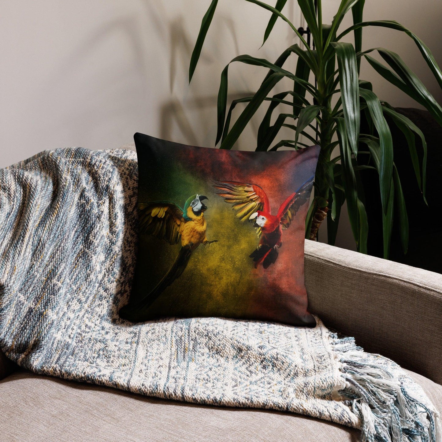 Parrots War Premium Pillow - Birds Lover Cushion For Home Decoration