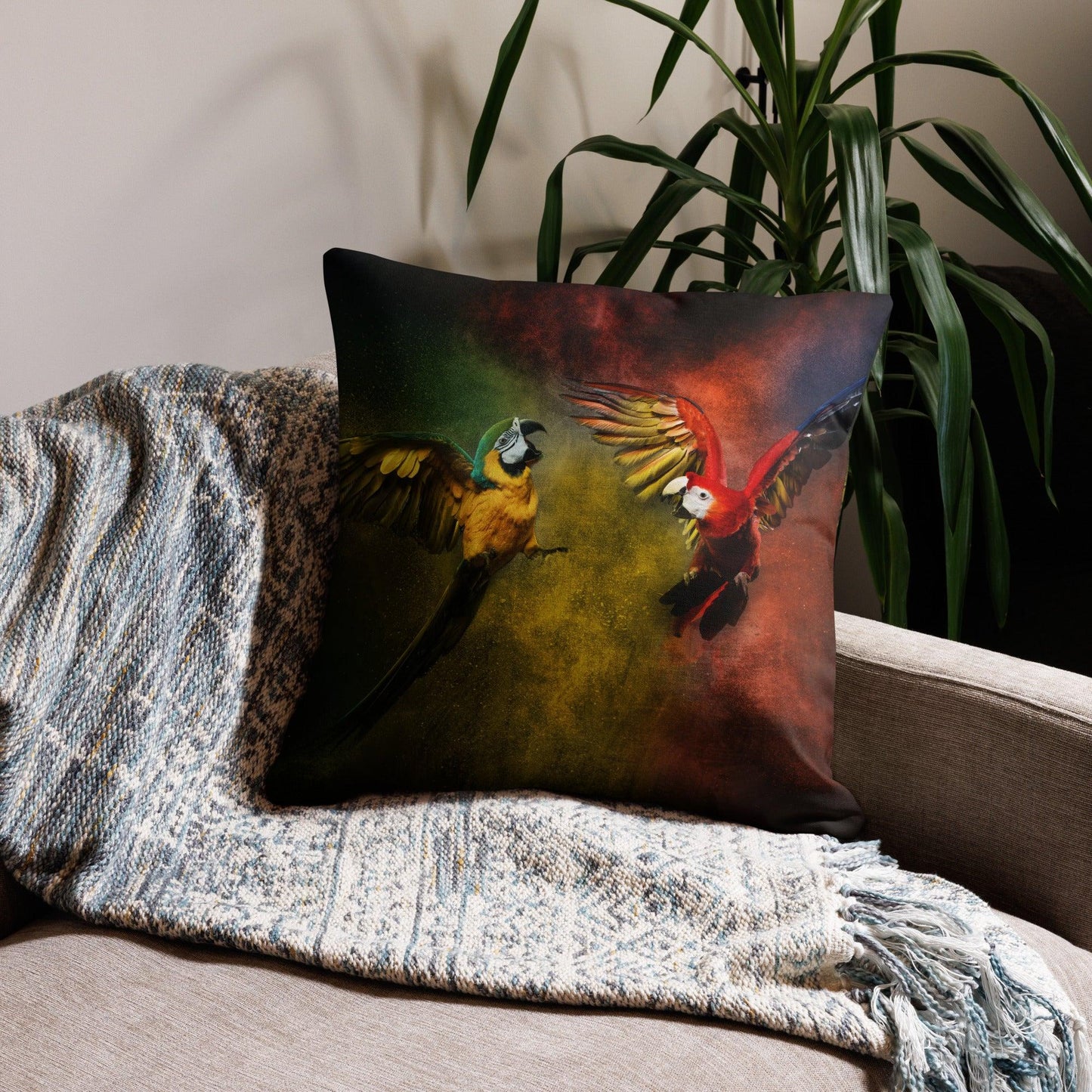Parrots War Premium Pillow - Birds Lover Cushion For Home Decoration